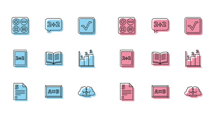 Sticker - Set line Infinity, Calculation, Square root, Graph, schedule, chart, diagram, Equation solution, and icon. Vector