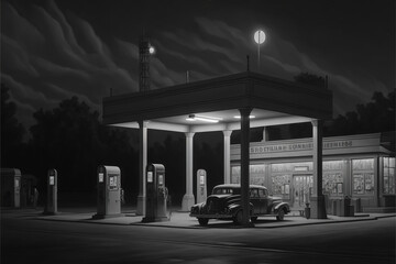 Wall Mural - Retro gas station in usa 60s with neon AI