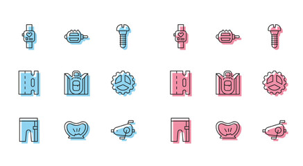 Sticker - Set line Cycling shorts, Bicycle punctured tire, Smart watch, pedals, Hiking backpack, sprocket crank, lane and icon. Vector