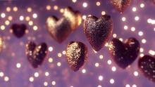 A Beautiful, Magical Image Of Chocolate Hearts With Golden Sparkle On A Purple Bokeh Background, Perfect For Valentine's Day. Sweet Romance, Love, Affection, Mother's Day. Copy Space.