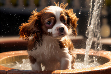 Wall Mural - Sweet Cavalier King Charles spaniel jumping in fountaine, generative AI, digital art