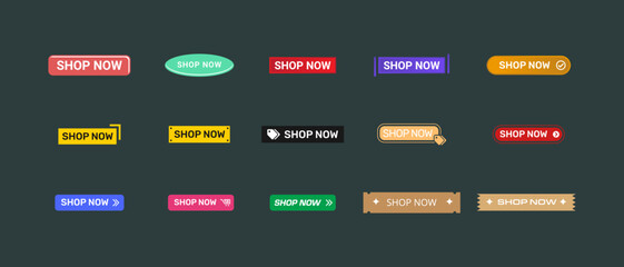 Wall Mural - Shop Now Label Button Design Collection Vector Illustration