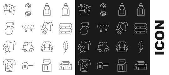 Sticker - Set line Brush for cleaning, Feather, Towel stack, Bottle agent, Squeeze clothes, Water spray bottle, Basin with soap suds and Drying icon. Vector