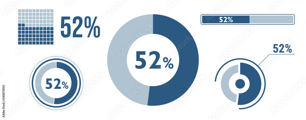 52% percentage infographic set. Fifty-two circle diagram, pie donut ...