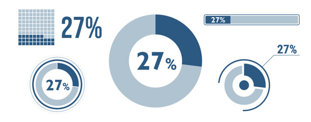 Wall Mural - 27% percentage infographic set. Twenty-seven circle diagram, pie donut chart, progress bar. 27 percent loading data icon. Vector concept collection.