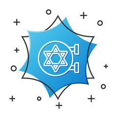 Sticker - White line Jewish synagogue building or jewish temple icon isolated on white background. Hebrew or judaism construction with David star. Blue hexagon button. Vector