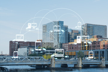 Panorama city view of Boston Harbor at day time, Massachusetts. Buildings of financial downtown. Glowing Social media icons. The concept of networking and establishing new connections between people