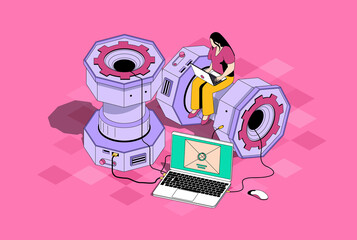 Aufkleber - Development and engineering concept in 3d isometric design. Woman developing software and prototyping, working at technical projects. Isometry illustration with people scene for web graphic