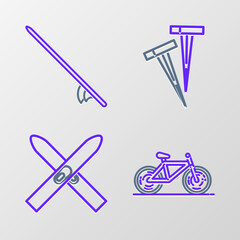 Poster - Set line Bicycle, Ski and sticks, Pegs for tents and Surfboard icon. Vector