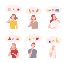 Sticker - Male and female characters making choice between bad and good habits set. Healthy lifestyle and sportive way of life flat vector illustration