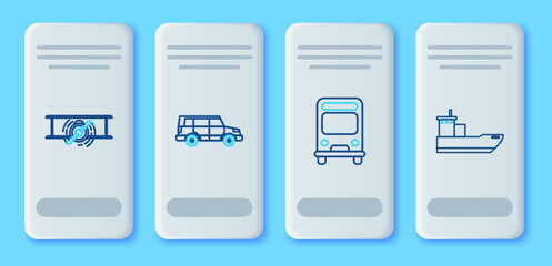 Sticker - Set line Off road car, Bus, Old retro vintage plane and Cargo ship icon. Vector