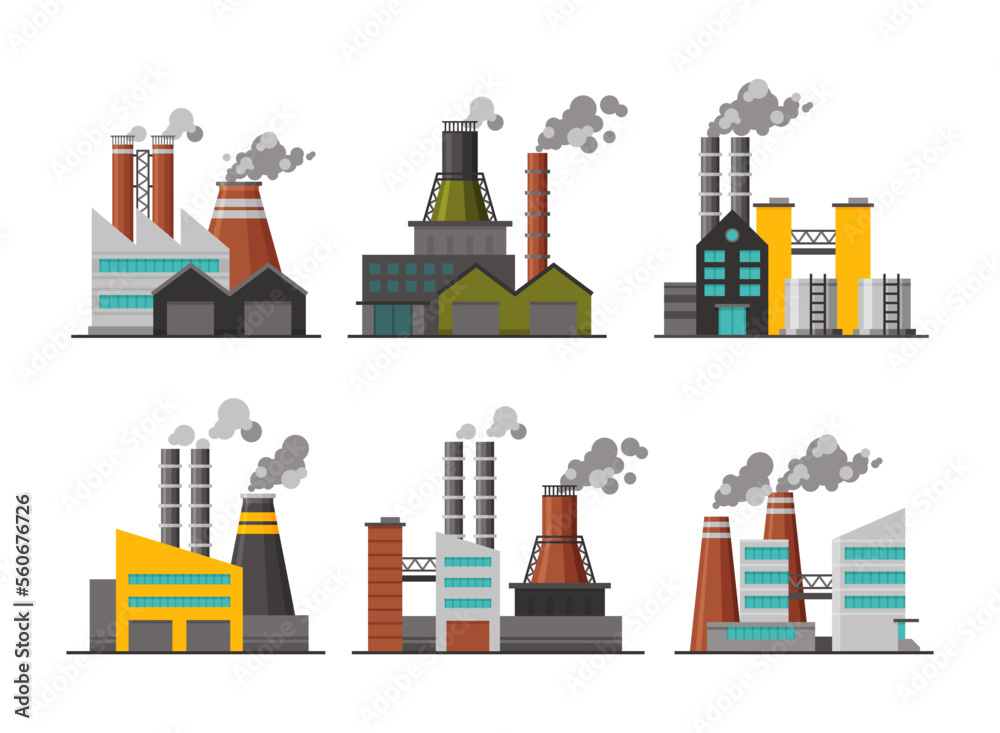 Modern factory buildings and power plants set. Industrial complex ...