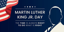 Text Martin Luther King Day On The Background Of Black Man And Usa Flag. Vector Illustration.