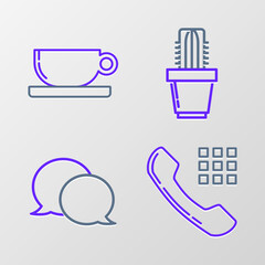 Sticker - Set line Telephone handset, Speech bubble chat, Cactus succulent in pot and Coffee cup flat icon. Vector