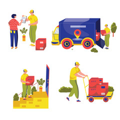 Aufkleber - Delivery set concept with people scene in the flat cartoon style. Delivery service employees work with a large number of orders. Vector illustration.
