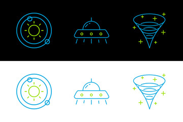 Wall Mural - Set line Black hole, Solar system and UFO flying spaceship icon. Vector