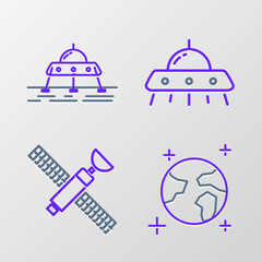 Poster - Set line Earth globe, Satellite, UFO flying spaceship and Mars rover icon. Vector