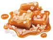 Salty caramel candies in milk caramel sauce with salt crystals isolated on white background.