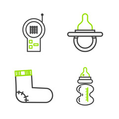 Canvas Print - Set line Baby bottle, socks clothes, dummy pacifier and Monitor Walkie Talkie icon. Vector