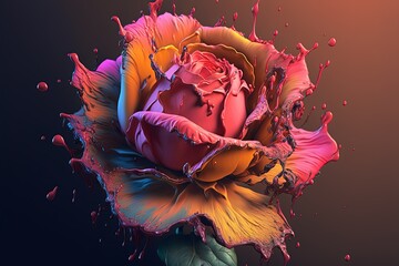 Golden rose with panint splash over it, gold glitter paint, colorful beautiful rose flower, Generative Ai