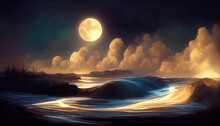Seascape Night Fantasy Of Beautiful Waves With Full Moon