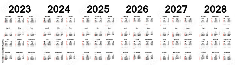 Calendar 2023 2024 2025 2026 2027 2028 week starts on monday