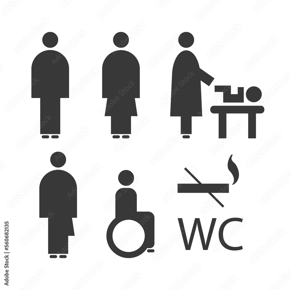 Toilet line icon set. WC sign. Men,women,mother with baby and handicap ...