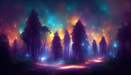 Wall Mural - Mystical magical forest at night with glowing lights