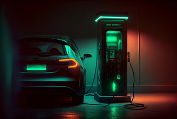 Canvas Print - EV car with Electric charging station charger and blue glowing light stripe. Technology and transportation concept. Generative AI