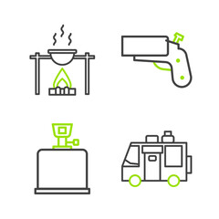 Sticker - Set line Rv Camping trailer, gas stove, Flare gun pistol and Campfire and pot icon. Vector