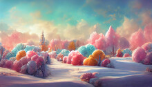 Colorful Pastel Candy Winter Landscape As Fantasy Background