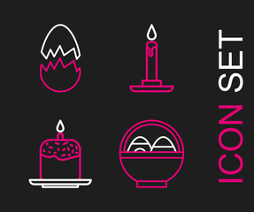 Wall Mural - Set line Basket with easter eggs, Easter cake and candle, Burning in candlestick and Broken icon. Vector