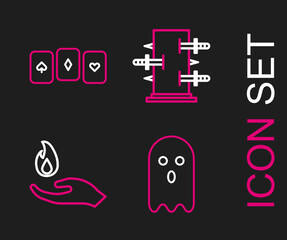 Poster - Set line Ghost, Hand holding a fire, Trunk for magic tricks and Playing cards icon. Vector