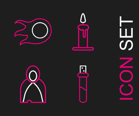 Poster - Set line Bottle with love potion, Mantle, cloak, cape, Burning candle in candlestick and Fireball icon. Vector