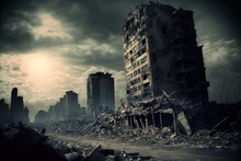 Destroyed City, Post-apocalyptic, War Zone Created With Generative AI Technology.