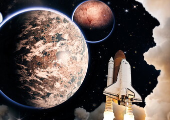 Wall Mural - rockets launch into space on the starry sky. spacecraft flies into space with clouds of smoke. eleme