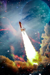 Wall Mural - shuttle launch in the clouds to outer space. dark space with stars on background.spaceship flight. e