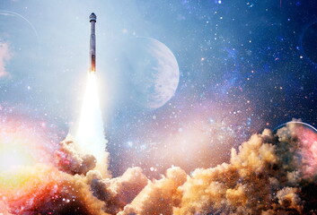Wall Mural - shuttle launch in the clouds to outer space. dark space with stars on background.spaceship flight. e
