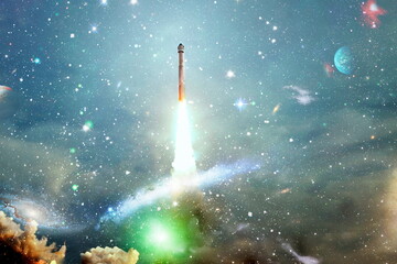 Wall Mural - shuttle launch in the clouds to outer space. dark space with stars on background.spaceship flight. e