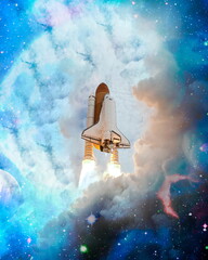 Wall Mural - shuttle launch in the clouds to outer space. dark space with stars on background.spaceship flight. e