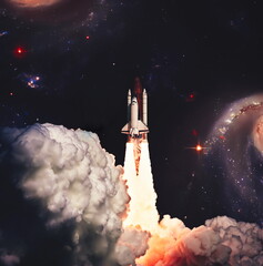 Wall Mural - shuttle launch in the clouds to outer space. dark space with stars on background.spaceship flight. e