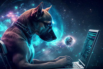 Wall Mural - Dog surfing the internet network with big data and artificial intelligence, outlining concepts of machine learning of a neural digital brain of a canine, computer Generative AI stock illustration