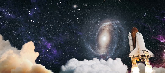 Wall Mural - rockets launch into space on the starry sky. spacecraft flies into space with clouds of smoke. eleme