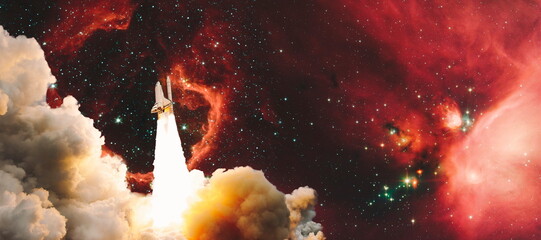 Wall Mural - shuttle launch in the clouds to outer space. dark space with stars on background.spaceship flight. e