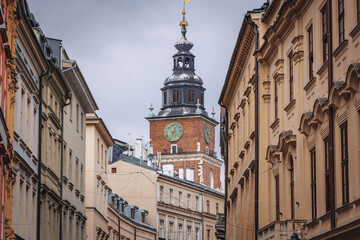 Sticker - Town Hall Tower on Old Town of Krakow city, Lesser Poland Voivodeship of Poland, view from Bracka Street