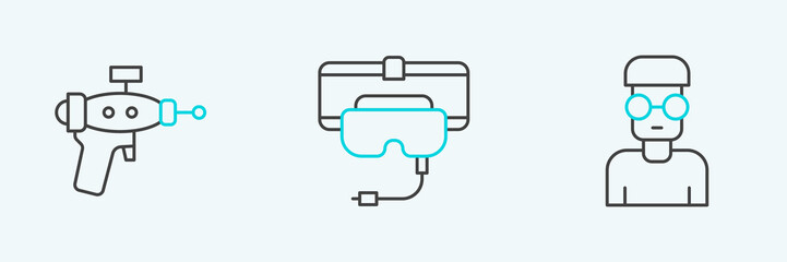 Poster - Set line Nerd geek, Ray gun and Virtual reality glasses icon. Vector