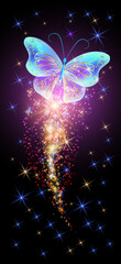 Wall Mural - Flying delightful magical butterfly with sparkle and blazing trail in night sky. Love and romance concept.