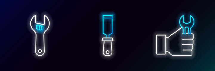 Sticker - Set line Wrench spanner, Adjustable wrench and Rasp metal file icon. Glowing neon. Vector