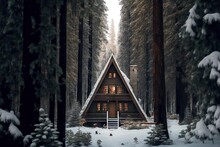 Small Wooden A-frame Cabin Among Snow-covered Trees In Forest
