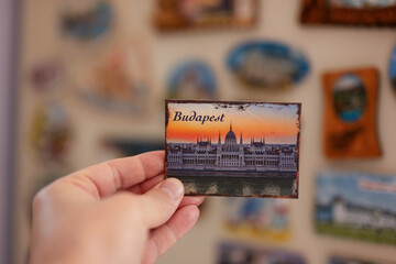 Wall Mural - Budapest Hungary souvenir refrigerator magnet at hand.